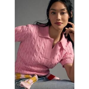 Grey Lab Anthropologie Cable-knit Polo Sweater Tee In Pink, S Tennis Pickleball
